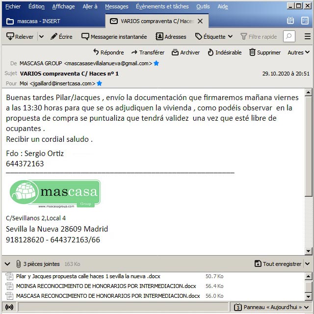 El correo electrónico con el cual Sergio Ortiz de la inmobiliaria Mascasa en Sevilla la Nueva (Madrid) nos mandó sus “propuestas”