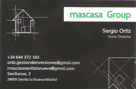 Tarjeta de visita remitida por Sergio Ortiz de la inmobiliaria Mascasa en Sevilla la Nueva, Madrid